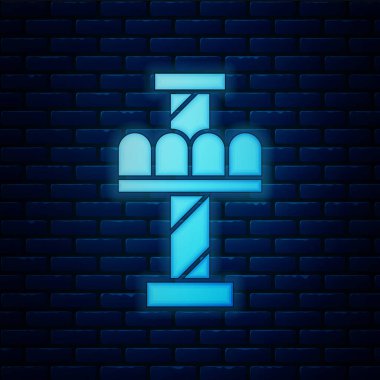 Parlayan neon çekici atlıkarınca simgesi tuğla duvar arka planında izole edilmiş. Eğlence parkı. Çocuklar için eğlence parkı, eğlence parkı. Vektör.