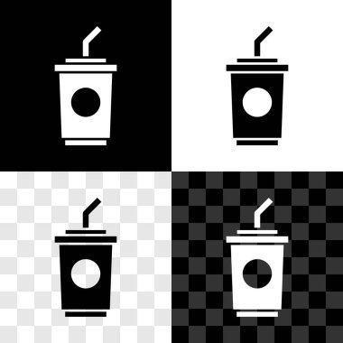 Siyah beyaz, şeffaf arkaplanda izole edilmiş pipet ve su ikonuna sahip kağıt bardak seti. Soda bardağı. Taze soğuk içecek sembolü. Vektör.