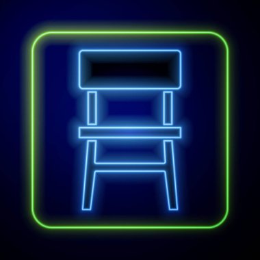 Parlayan neon sandalye ikonu mavi arkaplanda izole edildi. Vektör.