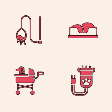 Saç makasıyla evcil hayvan, kedi oyuncağı, yatak ve bebek arabası ikonu. Vektör.