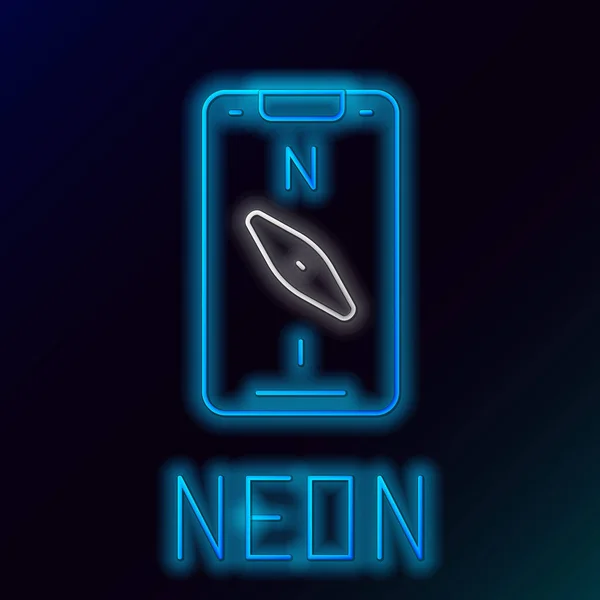 Zářící Neonová Čára Aplikace Obrazovce Compass Smartphonu Pro Navigační Ikonu — Stockový vektor