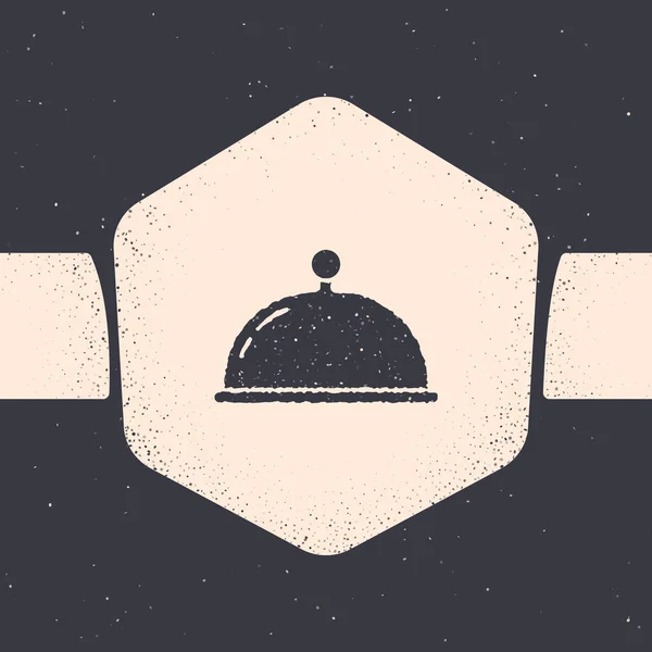 Grunge覆盖了一个托盘食物图标隔离灰色背景 托盘和盖子标志 有盖子的餐厅面团 单色复古绘画 — 图库矢量图片