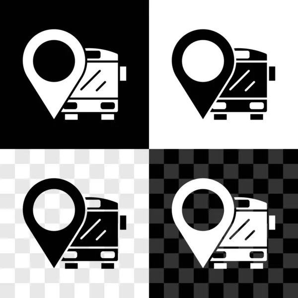 Set Location Bus Icon Isolated Black White Transparent Background Transportation — Stock Vector