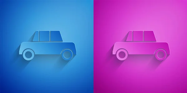 剪纸车图标隔离在蓝色和紫色背景 前面的景色造纸艺术风格 — 图库矢量图片