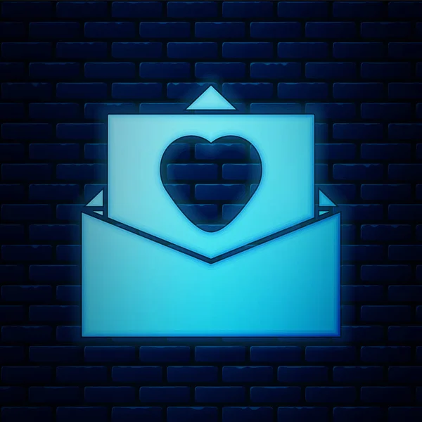 Gloeiende Neon Envelop Met Valentine Hart Pictogram Geïsoleerd Bakstenen Muur — Stockvector