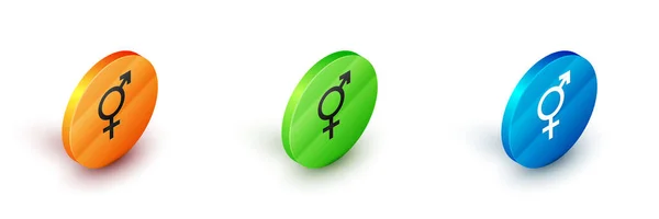 在白色背景上孤立的等距性别图标 男子和妇女的象征 性符号 圆形按钮 — 图库矢量图片