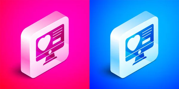 Isometric Dating App Online Computer Concept Icon Isolated Pink Blue — Stock Vector