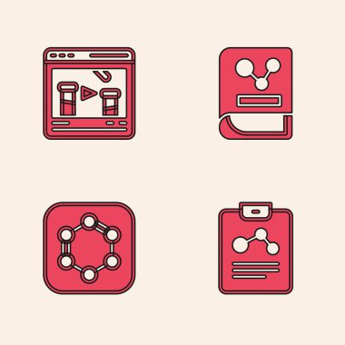 Kimya raporunu ayarla, Kimya çevrimiçi, Benzen halkaları ikonu kitabı ve formülü. Vektör.