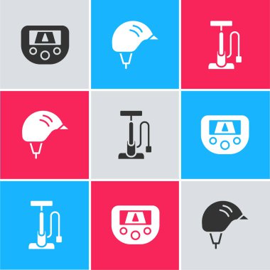 GPS cihazını harita, bisiklet kaskı ve hava pompası ikonu ile ayarla. Vektör.