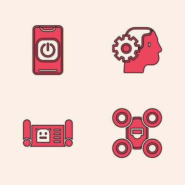 Drone 'u ayarla, robotu telefondan, İnsanımsı' dan ve robot tasarım ikonundan kapat. Vektör.