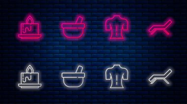 Havan topu ve tokmak, masaj, Aroma mumu ve güneş yatağı şemsiyesi. Tuğla duvarda parlayan neon simgesi. Vektör.