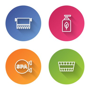 Askıda havlu, temel yağ şişesi, kaplıca salonu ve sauna kovası. Renkli daire düğmesi. Vektör.