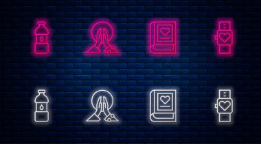 Set hattı meditasyonu, tıp kitabı, bir şişe su ve akıllı saat. Tuğla duvarda parlayan neon simgesi. Vektör.