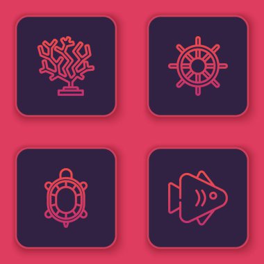 Coral, Turtle, direksiyon simidi ve Fish 'i ayarlayın. Mavi kare düğme. Vektör.