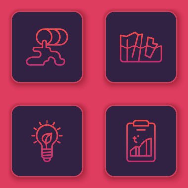 Varil yağı sızıntısı, yapraklı ampul, buzulların erimesi ve küresel ısınma. Mavi kare düğme. Vektör.