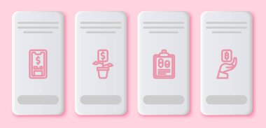 Telefon hattını dolarla, fabrikayla, iş finans raporuyla ve Bitcoin 'le ayarla. Beyaz dikdörtgen düğme. Vektör.