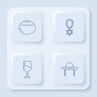 Yahudi pastanesi, zincirli Davut Yıldızı kolyesi, kadehler ve Ortodoks Yahudi şapkası. Beyaz kare düğme. Vektör.