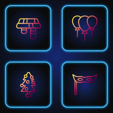 Şenlik maskesi, Noel ağacı, kış eşarbı ve kurdeleli balonlar. Renk simgeleri. Vektör.