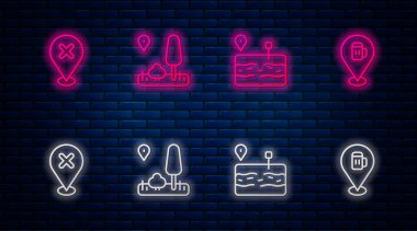 Çizgi şehir haritası navigasyonu, bozuk yol, çapraz işaretli konum ve alkol veya bira barı konumu. Tuğla duvarda parlayan neon simgesi. Vektör.