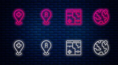 Hat konumu, şehir haritası bilgisi, çapraz ve küresel tıbbi konum. Tuğla duvarda parlayan neon simgesi. Vektör.