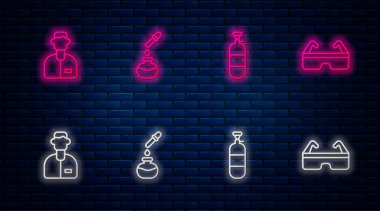 Test tüpü ve matara, propan benzin deposu, laboratuvar asistanı ve güvenlik gözlüğü ayarlayın. Tuğla duvarda parlayan neon simgesi. Vektör.