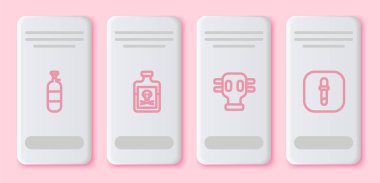 Propan benzin deposu, şişedeki zehir, gaz maskesi ve Pipette. Beyaz dikdörtgen düğme. Vektör.