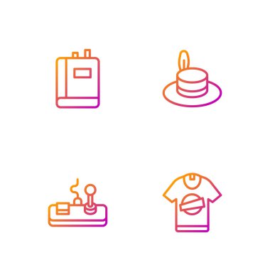 Çizgili tişört, Gamepad, Book and Man şapkası. Renk simgeleri. Vektör.