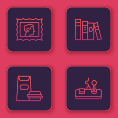 Posta damgası, Burger, Book and Gamepad 'i ayarla. Mavi kare düğme. Vektör.