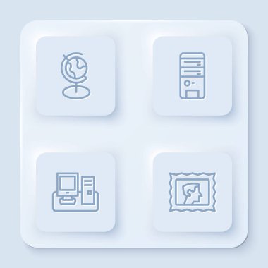 Dünya küresi, bilgisayar, klavye ve posta damgalı monitör hattını ayarlayın. Beyaz kare düğme. Vektör.