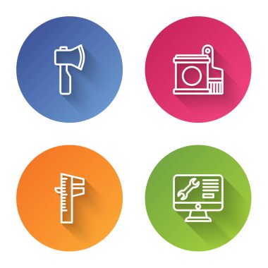 Tahta baltayı, boya kovasını ve fırçayı Calliper veya kalibre ölçeği ve bilgisayar izleme servisini ayarlayın. Renkli daire düğmesi. Vektör.