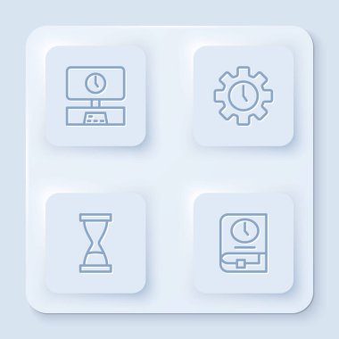 Akıllı TV zamanı, Zaman Yönetimi, Kumlu ve kitap için eski kum saati. Beyaz kare düğme. Vektör.