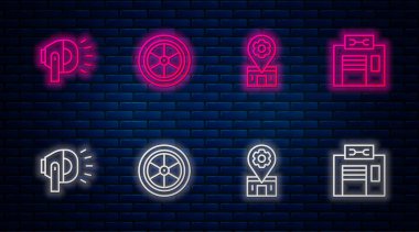 Bisiklet tekerleği, tamirat, lamba ayarlayın. Tuğla duvarda parlayan neon simgesi. Vektör.