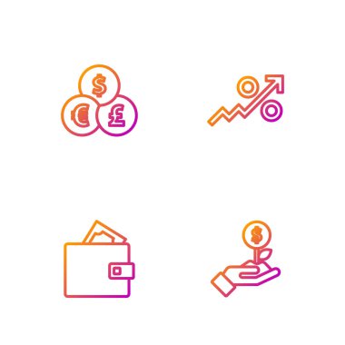 Hat hattı, para dolu cüzdan, döviz kurları ve yukarı doğru ok. Renk simgeleri. Vektör.