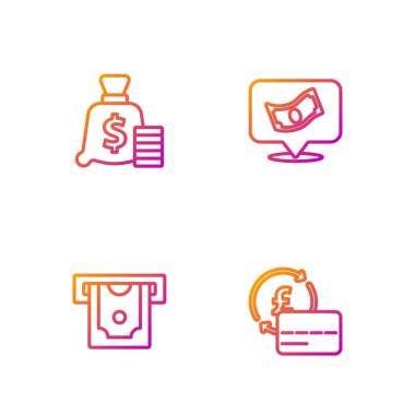 Kredi kartı, ATM ve para, para çantası ve deste kağıt para. Renk simgeleri. Vektör.