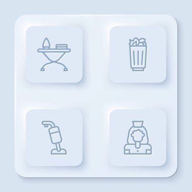 Demir ve ütü masası, tam çöp kutusu, elektrik süpürgesi ve temizlikçi kadın servisi. Beyaz kare düğme. Vektör.