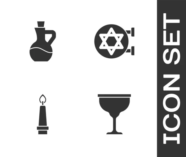 Поставьте Еврейский Кубок Бутылку Оливкового Масла Горящую Свечу Икону Синагоги — стоковый вектор