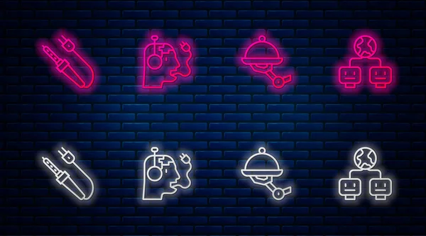 集线型机器人充电电池 服务员机器人 焊接铁和人工智能为一体 砖墙上闪烁着霓虹灯图标 — 图库矢量图片