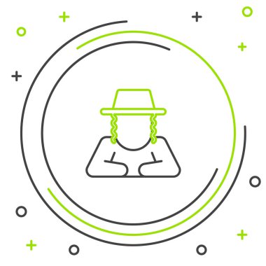 Çizgi Ortodoks Yahudi şapkası ve kenarları beyaz arka planda izole edilmiş. Geleneksel giyinmiş Yahudi erkekler. Yahudilik sembolleri. Renkli taslak konsepti. Vektör.