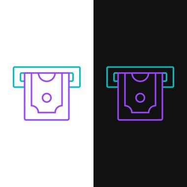 Hat ATM - Otomatik veznedar ve para ikonu beyaz ve siyah arkaplanda izole edildi. Renkli taslak konsepti. Vektör.