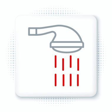 Beyaz zemin üzerinde su damlaları akan ikon olan çizgi duş başlığı izole edildi. Renkli taslak konsepti. Vektör.