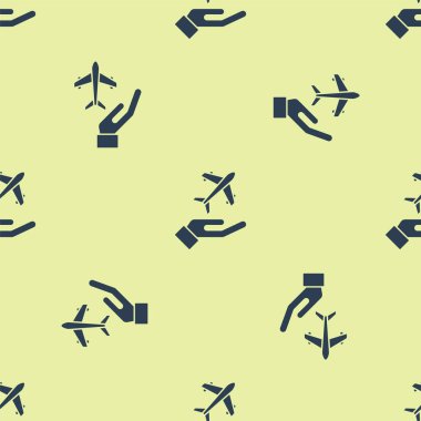 Mavi düzlemdeki el simgesi sarı arkaplanda izole edilmiş pürüzsüz desen. Uçan uçak. Uçak sigortası. Güvenlik, güvenlik, koruma, konsept koruma. Vektör.