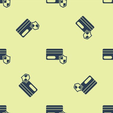 Mavi kredi kartı ve kalkan simgesi sarı arka planda izole edilmiş. Çevrimiçi ödeme. Nakit çekilmesi. Finansal operasyonlar. Alışveriş tabelası. Vektör.