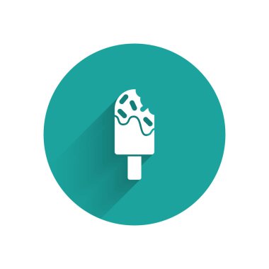 Uzun gölgeli beyaz dondurma ikonu. Güzel sembol. Yeşil daire düğmesi. Vektör.