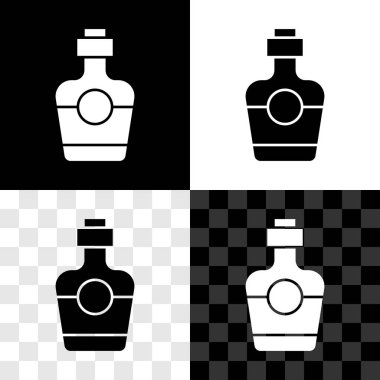 Siyah beyaz, şeffaf arkaplanda izole edilmiş tekila şişesi simgesi ayarla. Meksika alkolü. Vektör.
