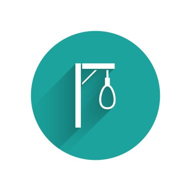 Uzun gölgeli beyaz darağacı halat ikonu asılı. İpe bağlanmış halat. İntihar, asılma ya da linç. Yeşil daire düğmesi. Vektör.