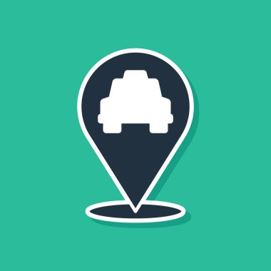 Yeşil zemin üzerinde taksi simgesi olan mavi harita işaretçisi. Konum sembolü. Vektör.