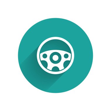 Beyaz direksiyon simgesi uzun gölgeli izole edilmiş. Araba tekeri ikonu. Yeşil daire düğmesi. Vektör.