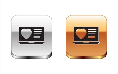 Siyah Dizi uygulaması beyaz arka planda izole edilmiş dizüstü bilgisayar konsepti simgesi. Kadın erkek profili düz tasarım. Çift ilişki için eşleşiyor. Gümüş ve altın kare düğmeler. Vektör.