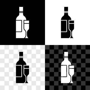 Siyah beyaz, şeffaf arka planda izole edilmiş cam ikonlu şampanya şişesini ayarlayın. Vektör.