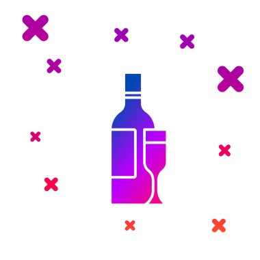 Beyaz arka planda izole edilmiş cam ikonlu renkli şampanya şişesi. Kademeli rastgele dinamik şekiller. Vektör.